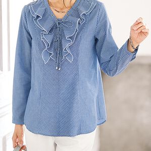 BELLUNA（ベルーナ）の「フリルデザインレースアップブラウス（ブラウス）」｜ブルー系