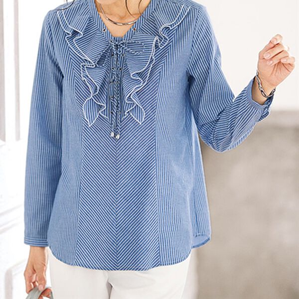 BELLUNA（ベルーナ）の「フリルデザインレースアップブラウス（ブラウス）」｜ブルー系