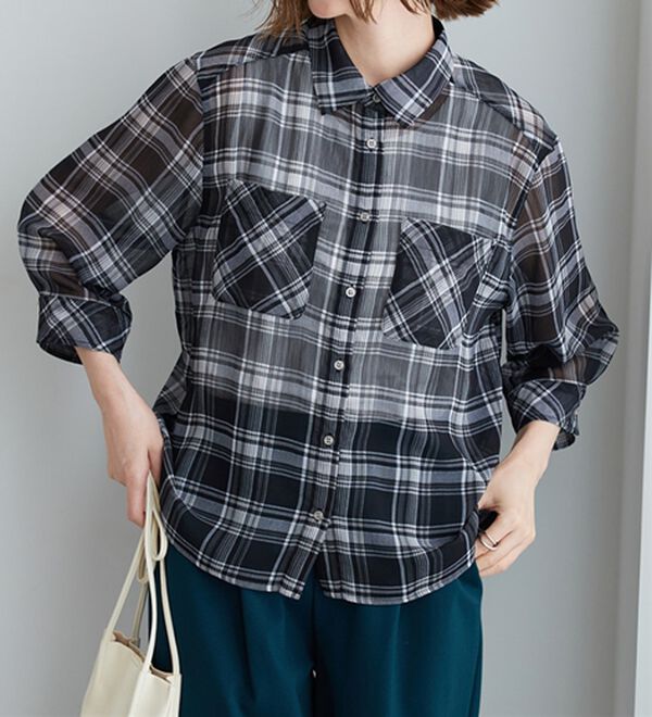 BELLUNA（ベルーナ）の「シフォン楊柳チェック柄プリントシャツ（シャツ）」｜詳細画像