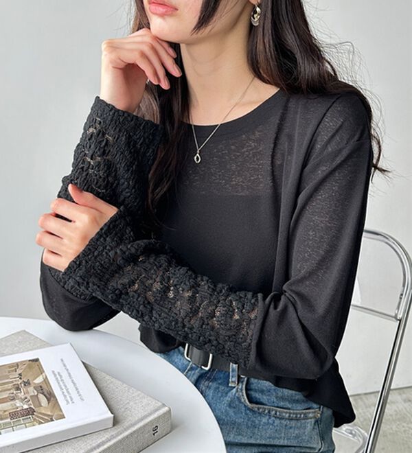 GeeRA（ジーラ）の「袖レーススラブシアーカットソー（カットソー）」｜詳細画像