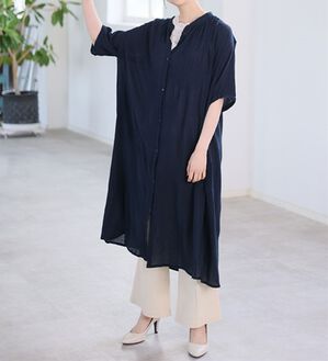 A HAPPY MARILYN（アハッピーマリリン）の「【Ｌ～６Ｌ】【風通るプレミアム】綿１００％ 楊柳 五分袖 ギャザーたっぷりワンピース（カットソーワンピース）」｜ネイビー