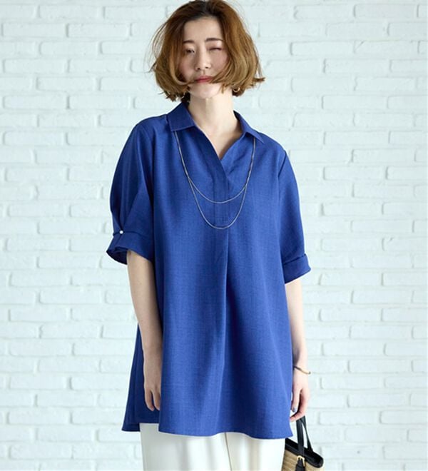 BELLUNA（ベルーナ）の「【接触冷感】麻調素材袖パール付シャツチュニック（チュニック）」｜詳細画像