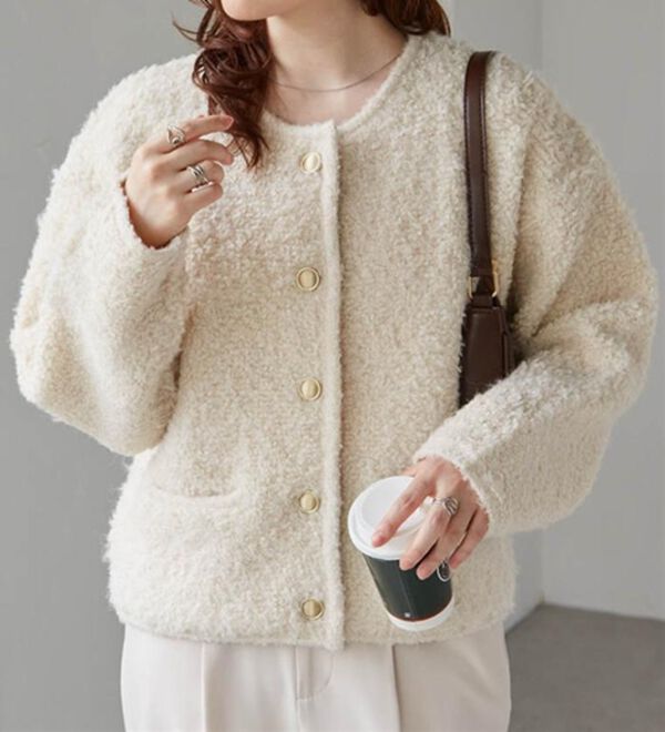 RANAN（ラナン）の「ゴールド調ボタンループ編みニットジャケット（ニットカーディガン）」｜詳細画像