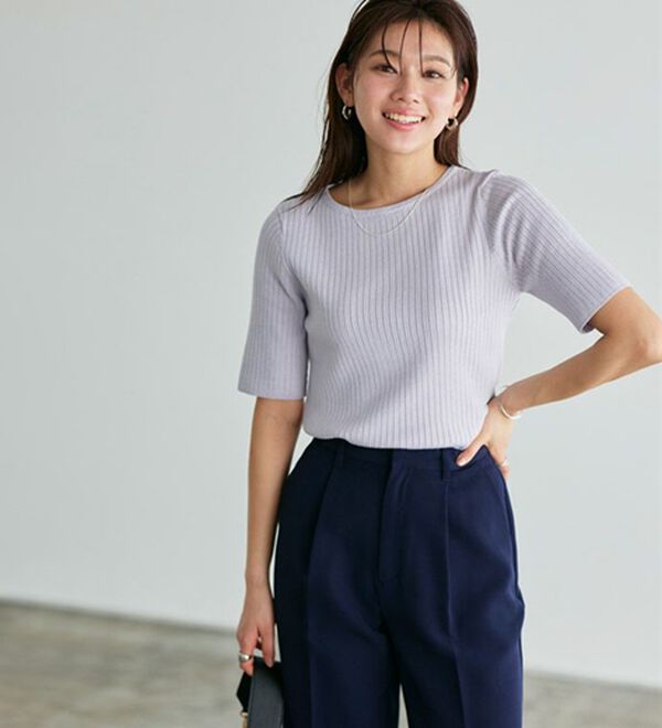 Pierrot（ピエロ）の「【洗濯機で洗える】ネックが選べるシルクタッチ半袖リブニット（ニット・セーター）」｜詳細画像