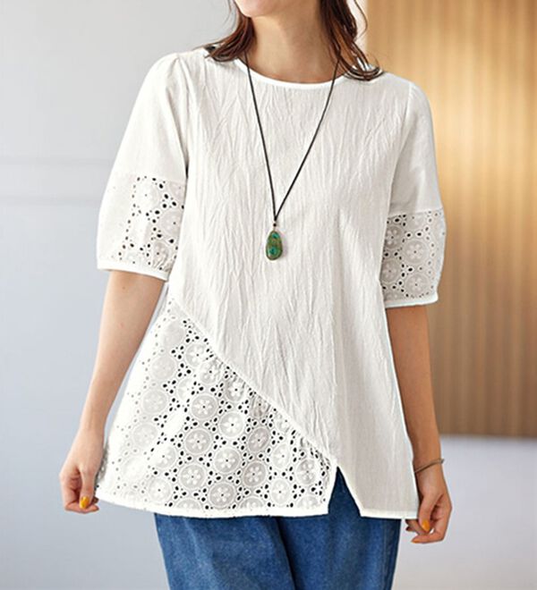 BELLUNA（ベルーナ）の「体型隠してフェミニンコーデ♪刺しゅう切替ブラウス（ブラウス）」｜オフ白