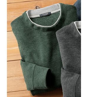 「重ね着手間いらずの上品見え杢調ニットトレーナー（メンズトレーナー）」｜杢カーキ