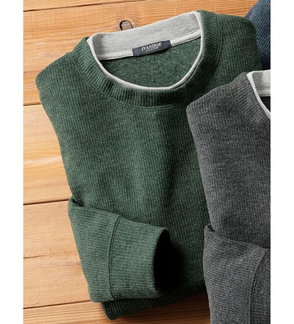 「重ね着手間いらずの上品見え杢調ニットトレーナー（メンズトレーナー）」｜杢カーキ