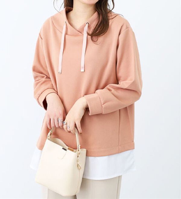 BELLUNA（ベルーナ）の「ワイドネックデザインシャツ切替チュニック（チュニック）」｜ピンク／白