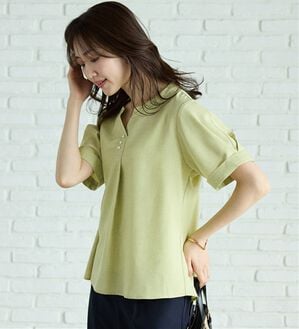BELLUNA（ベルーナ）の「麻調合繊パール付タックデザインブラウス（ブラウス）」｜ライムグリーン