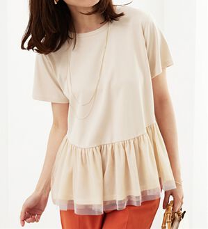 BELLUNA（ベルーナ）の「【Ｌａｇｒｉｌｕａ】チュール素材切替デザインチュニック（カットソー）」｜アイボリー系