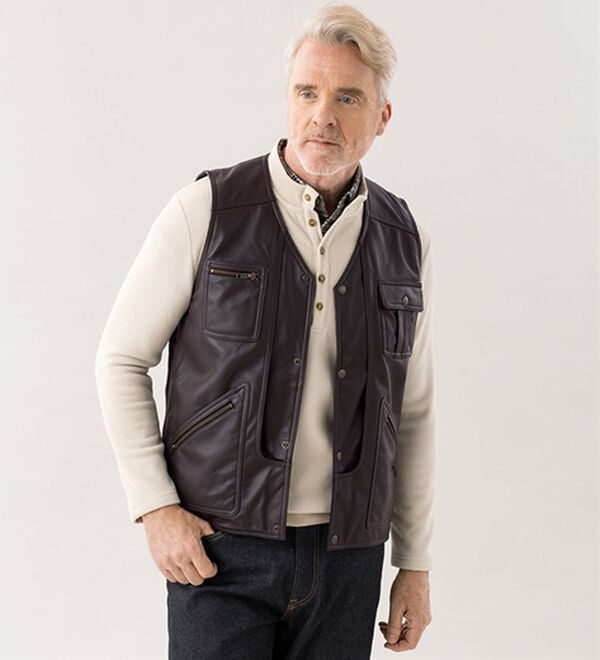 「＜ヘリンボーンクラブ＞シープレザー　１０ポケットベスト（メンズベスト）」｜詳細画像