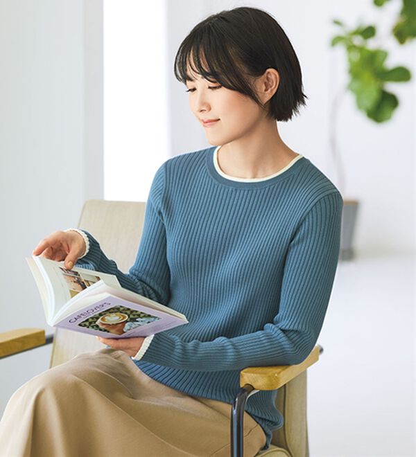 BELLUNA（ベルーナ）の「《ＨｕｇＲｅａｍコットン》配色リブセーター（ニット・セーター）」｜ブルー系