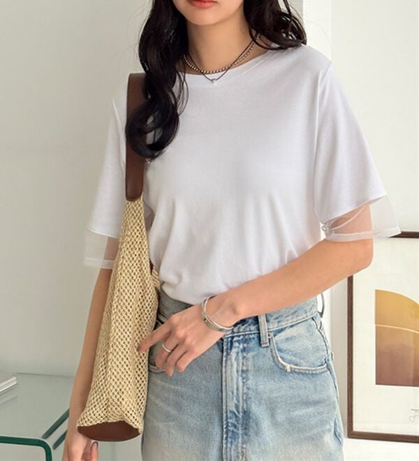 GeeRA（ジーラ）の「綿１００％袖シアー切替シルケットＴシャツ（Tシャツ）」｜詳細画像