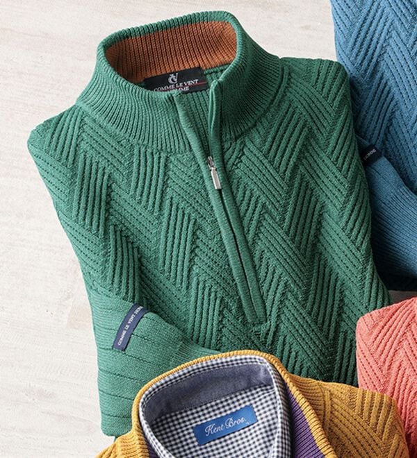 「＜コムルヴァン・オム＞トレーナー感覚で着られるハーフジップセーター（メンズニット・セーター）」｜グリーン