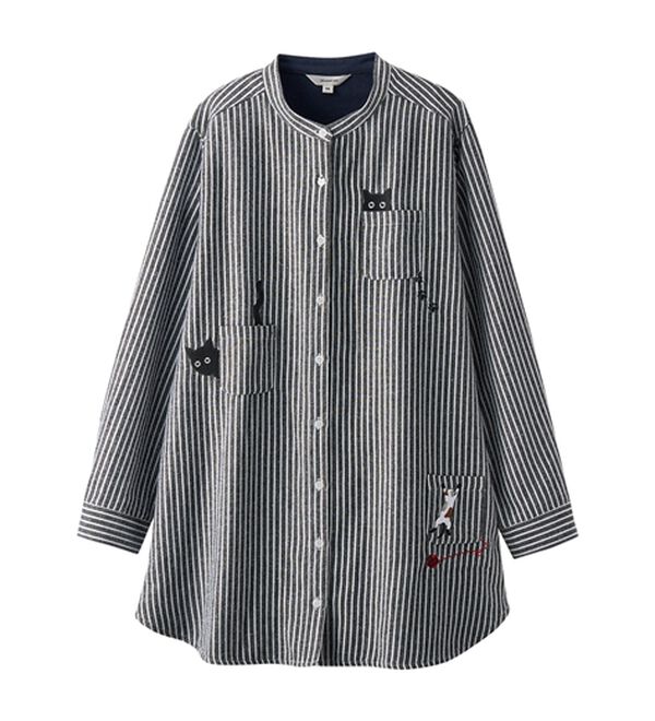 BELLUNA（ベルーナ）の「【あったか】裏フリース素材ネコ刺しゅうシャツチュニック（チュニック）」｜詳細画像
