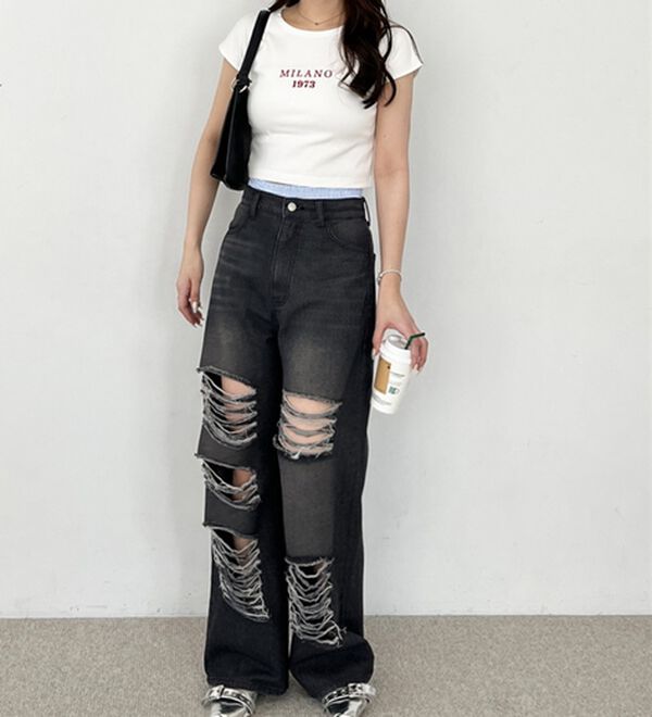 GeeRA（ジーラ）の「オリジナルパットダメージワイドデニム（ワイドパンツ・ガウチョ）」｜詳細画像