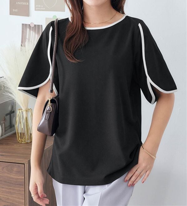 alotta（アロッタ）の「【４つの機能付】ひんやり配色デザインチューリップ袖Ｔシャツブラウス（ブラウス）」｜詳細画像