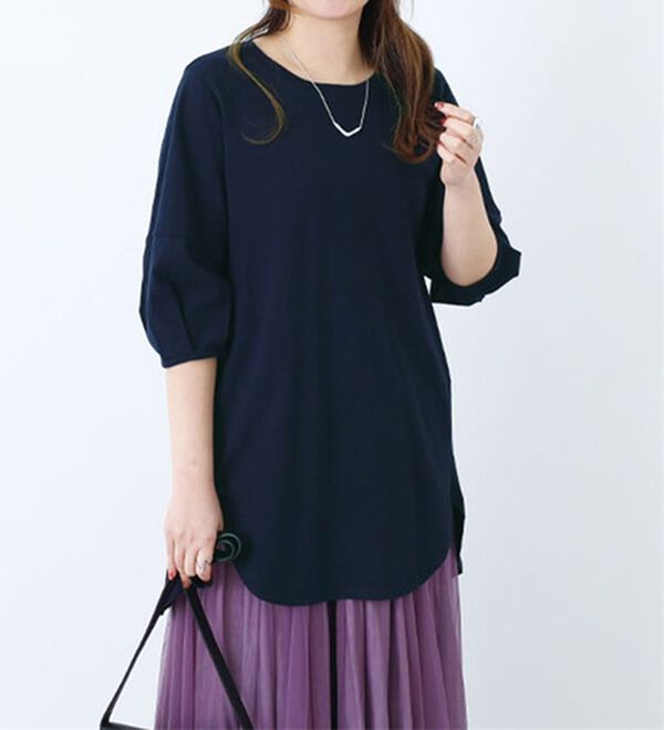 BELLUNA（ベルーナ）の「スリットデザインふんわり袖チュニック（チュニック）」｜ネイビー