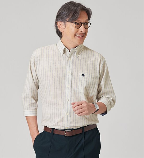 「＜ポロ・ビーシーエス＞麻入りさらさら７分袖シャツ（メンズシャツ）」｜詳細画像