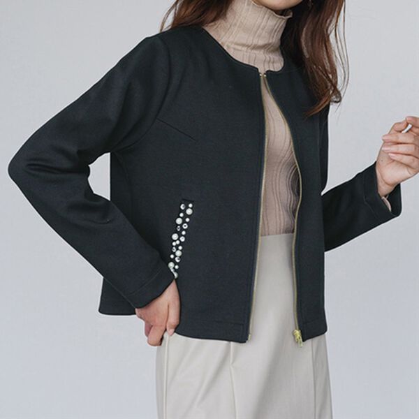 RANAN（ラナン）の「ジャージー素材ビジューポケットデザインブルゾン（ブルゾン）」｜ブラック