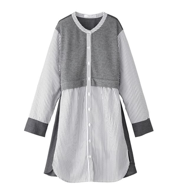 BELLUNA（ベルーナ）の「ストライプ&times;異素材切替シャツチュニック（チュニック）」｜杢グレー系