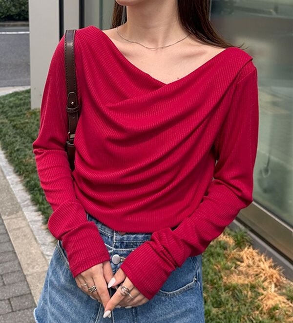 RANAN（ラナン）の「【春色追加】上品ドレープリブロングＴシャツ（カットソー）」｜詳細画像