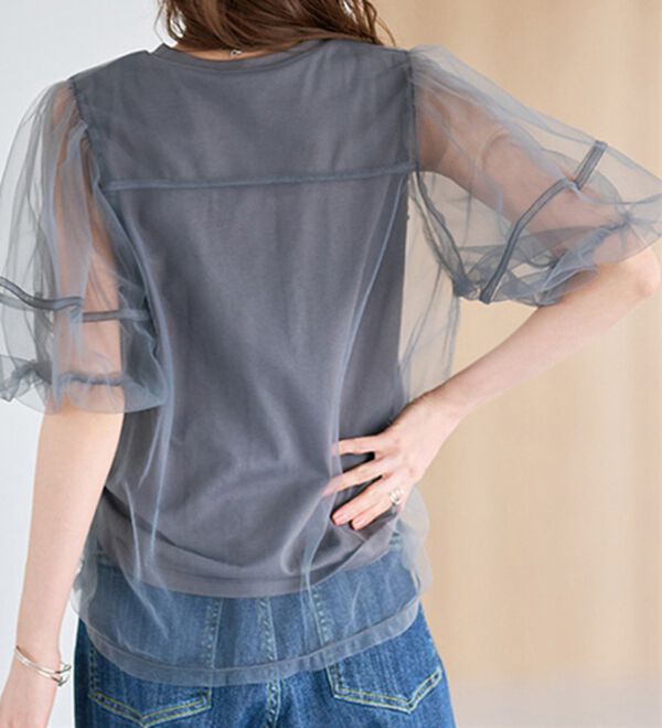 RANAN（ラナン）の「【ひんやり】チュールレイヤードパフスリーブTシャツ（カットソー）」｜詳細画像