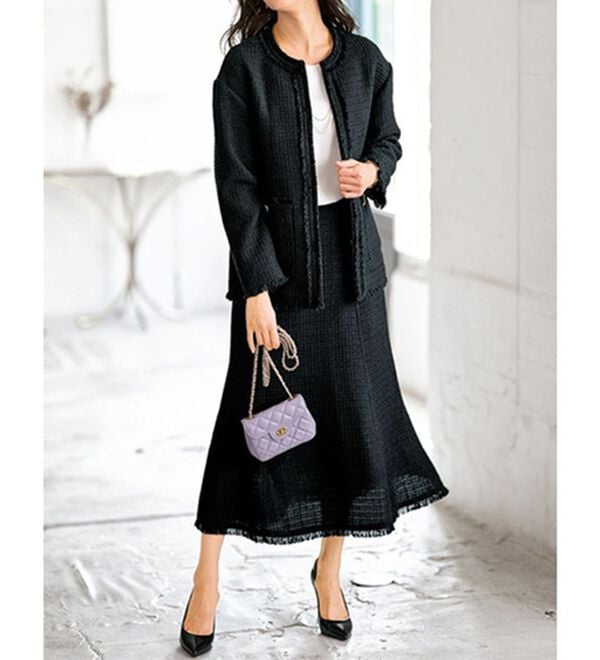 BELLUNA（ベルーナ）の「ツイード調素材フリンジ使いセットアップ（スカートスーツ）」｜黒