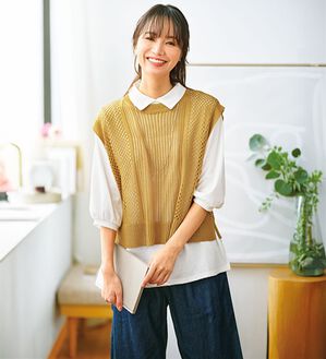 BELLUNA（ベルーナ）の「透かし編ニットベストアンサンブル（アンサンブル）」｜イエローベージュ