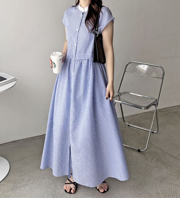 GeeRA（ジーラ）の「クレリック配色ウエストギャザーシャツワンピ―ス（シャツワンピース）」｜詳細画像