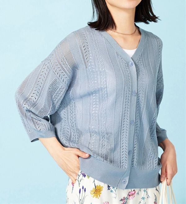 BELLUNA（ベルーナ）の「麻タッチ透かし編５分袖ニットカーディガン（ニットカーディガン）」｜詳細画像