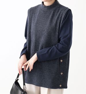 BELLUNA（ベルーナ）の「杢調テレコ素材裾ボタンアンサンブル（アンサンブル）」｜ネイビー&times;ネイビー