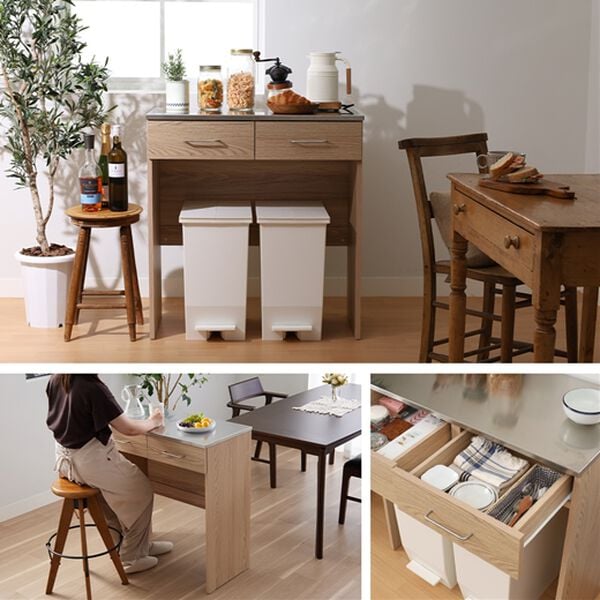 iellio（イエリオ）の「ステンレス天板ゴミ箱カウンター＜家電収納レンジ台・デッドスペース収納・作業台・木目調・ゴミ箱上収納＞（調理台・キッチンカウンター）」｜詳細画像