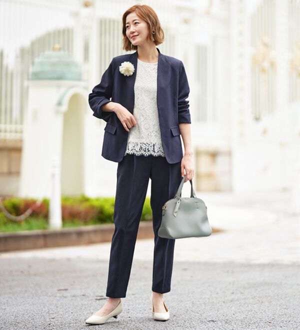 グリーンレーベルリラクシング　ノーカラー　テーパードパンツ　スーツ　　ストレッチ GREEN LABEL RELAXING ノーカラーパンツスーツ 38 ネイビー 4点セット