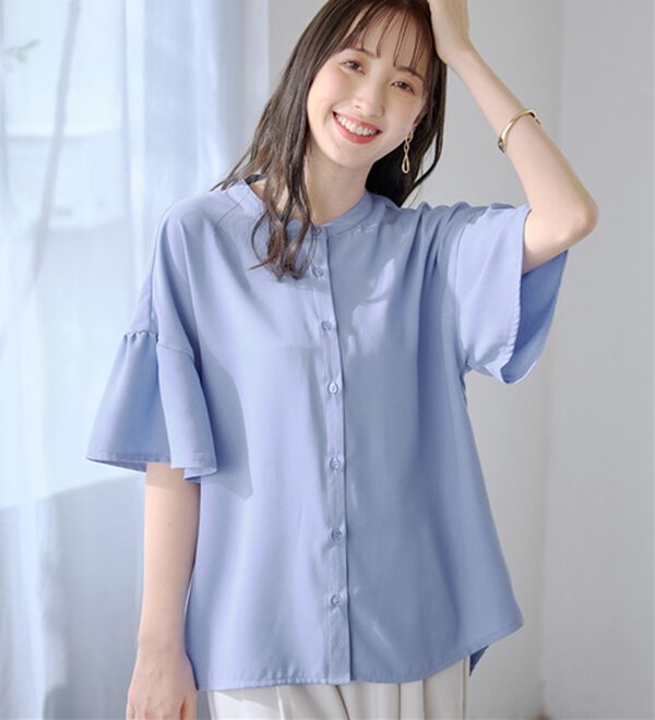 alotta（アロッタ）の「バンドカラーフレアー袖ブラウス（ブラウス）」｜ブルー