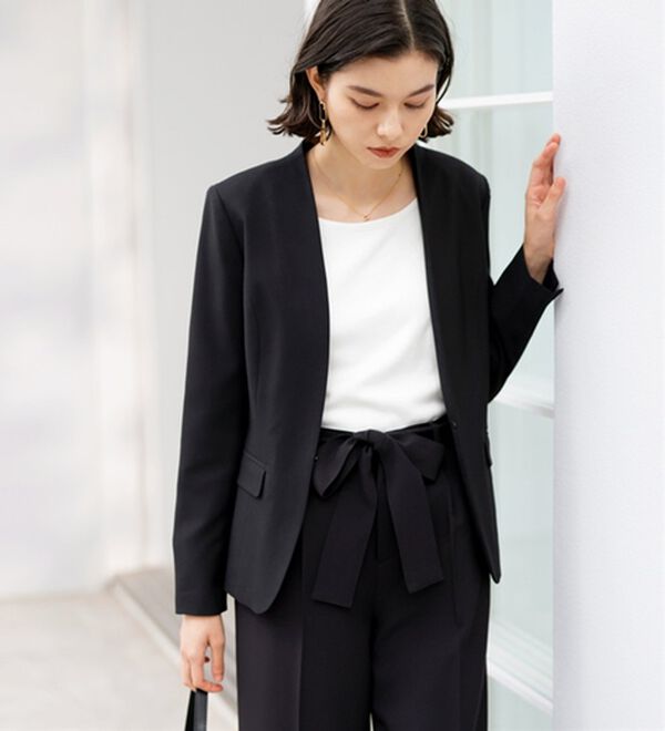 【パンツセット購入】ノーカラージャケット ブラック 2点セット】選べるボトム！洗えて型くずれしないノーカラージャケット