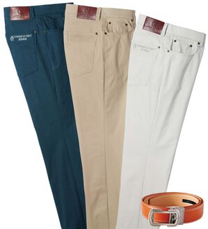 「＜コムルヴァン・オム＞涼感翡翠（ひすい）チノパンツ（メンズフルレングスパンツ）」｜3本組＋ベルト