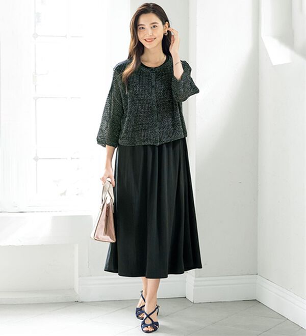 ルフラン（ルフラン）の「爽やか！メッシュニット＆ロングワンピース（アンサンブル）」｜黒系