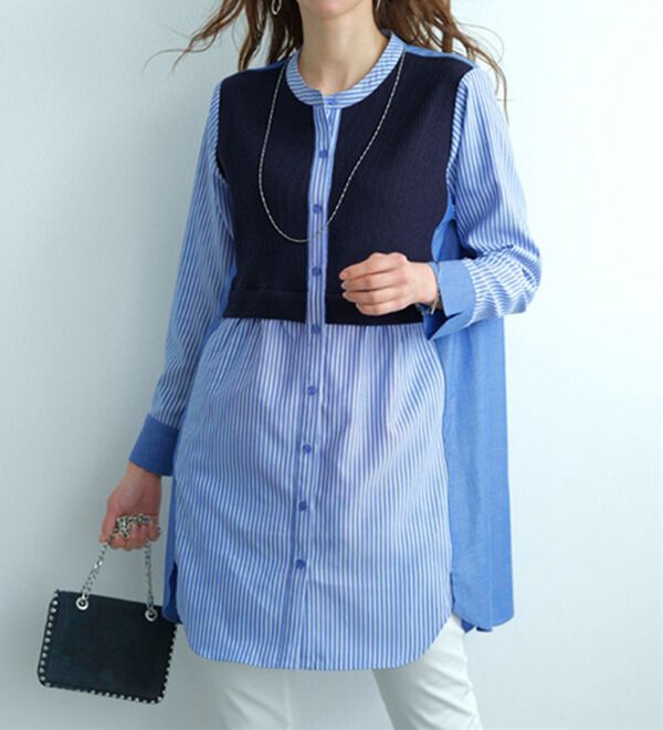 BELLUNA（ベルーナ）の「ストライプ&times;異素材切替シャツチュニック（チュニック）」｜詳細画像