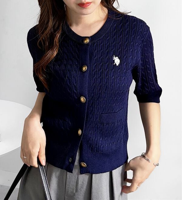 POLO 青 ケーブル編み カーディガン POLO RALPH LAUREN (ポロラルフローレン) ロゴ ケーブルニット クルー