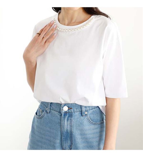 GeeRA（ジーラ）の「コットン天竺パール付デザイントップス（Tシャツ）」｜詳細画像