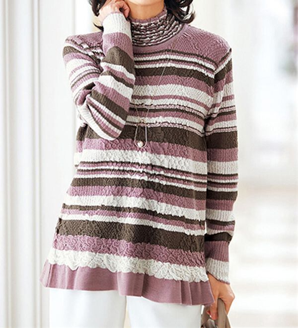 BELLUNA（ベルーナ）の「ボーダー柄ふくれジャカードセーター（ニット・セーター）」｜ピンク系