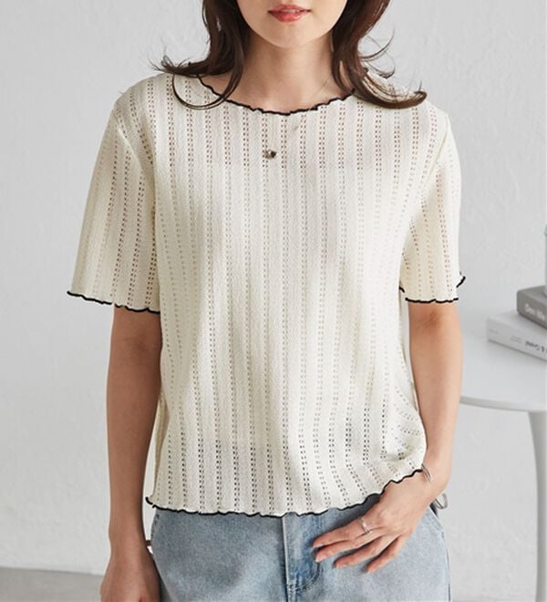 RANAN（ラナン）の「インせず着られる！透かし柄メロー配色Ｔシャツ（カットソー）」｜詳細画像