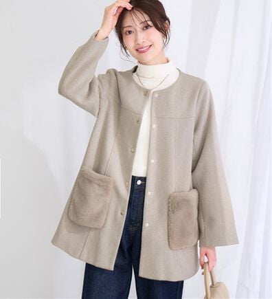 alotta（アロッタ）の「ファーポケット付き上品ノーカラーコート（ロングコート）」