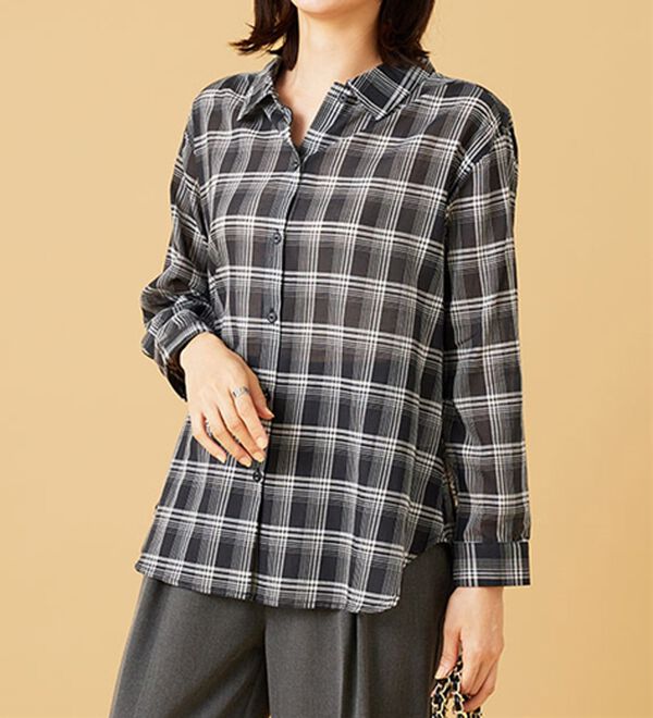 BELLUNA（ベルーナ）の「涼やか綿１００％シアー素材チェックシャツ（チュニック）」｜詳細画像