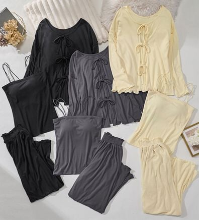 YU'NOW（ユナウ）の「＜リボンカーデ&times;ロングパンツ＞ぷるるん谷間のルームウェア３点セット（パジャマ・ルームウェア）」