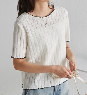 RANAN（ラナン）の「透かし柄メロー配色Ｔシャツ（カットソー）」｜アイボリー