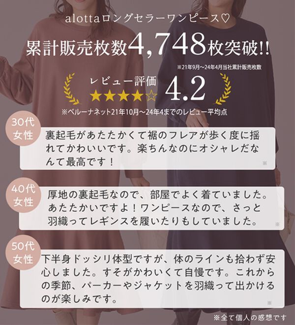 alotta（アロッタ）の「【蓄熱保温】裏ファー裾フレアーゆったりワンピース（カットソーワンピース）」｜詳細画像