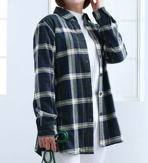 BELLUNA（ベルーナ）の「裏フリース素材チェック柄シャツジャケット（シャツ）」｜グリーン系