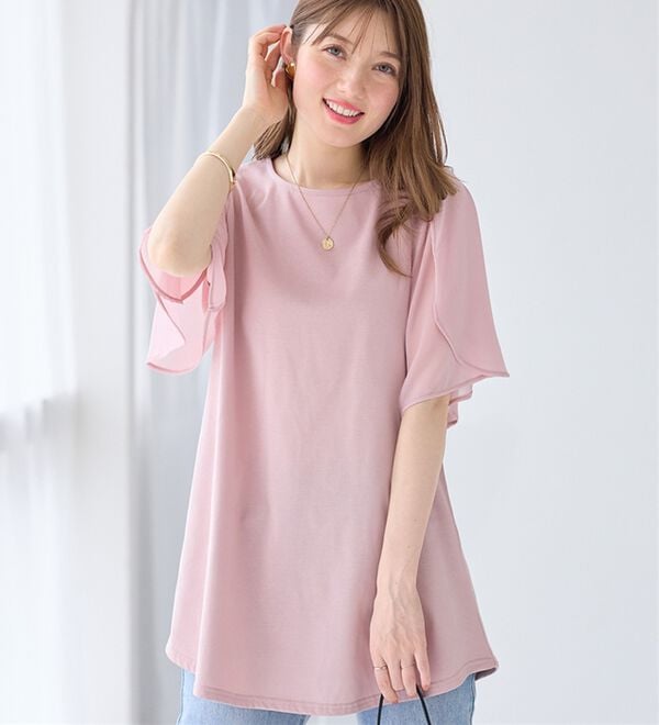 alotta（アロッタ）の「シフォン切替チューリップ袖チュニックＴシャツ（チュニック）」｜詳細画像